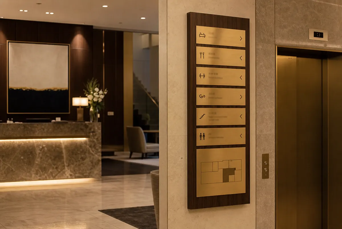 Etagenwegweiser aus Messing und Nussholz neben den Aufzügen einer Hotellobby