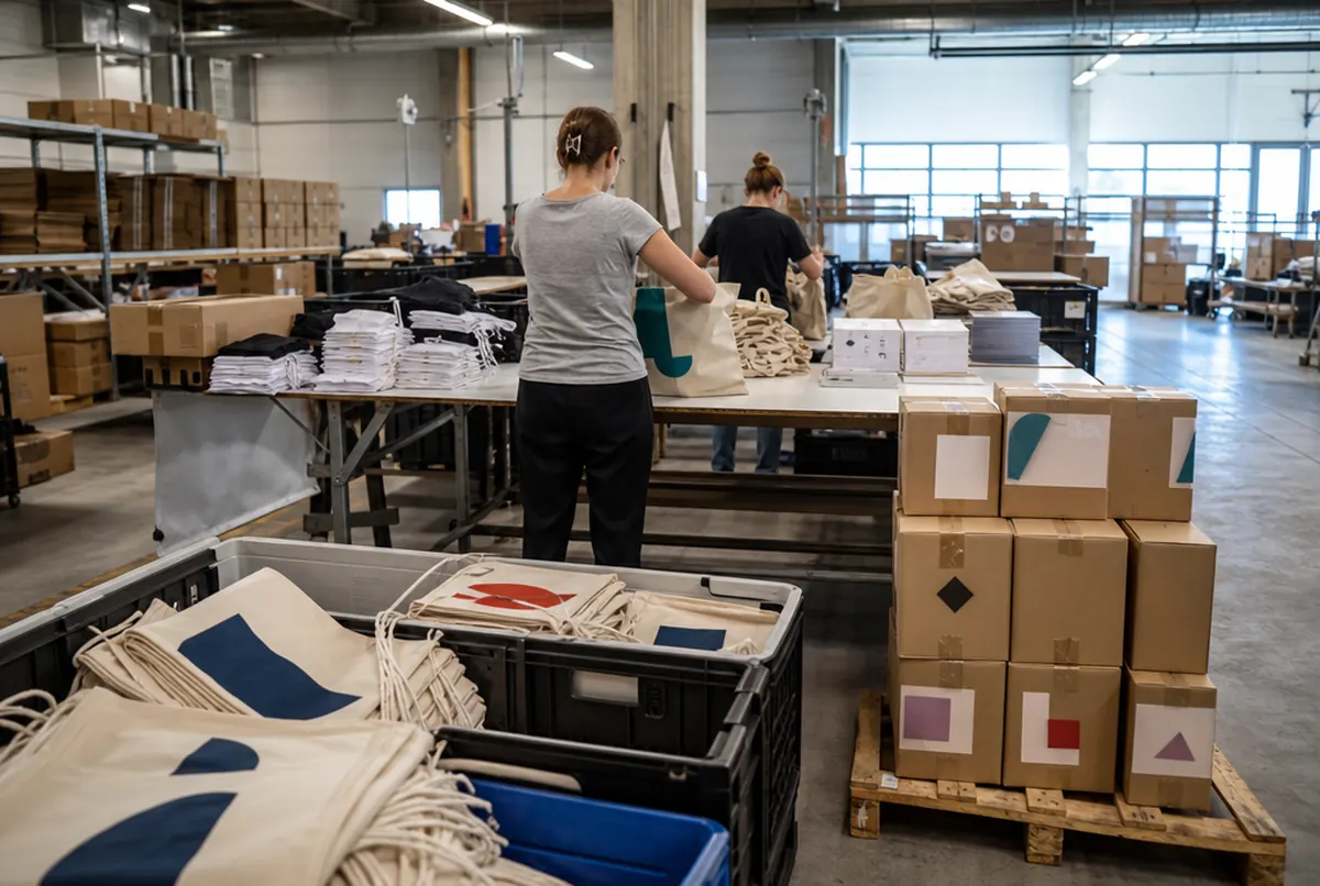 Preparación de las bolsas según la lista de inscritos en la zona de embalaje