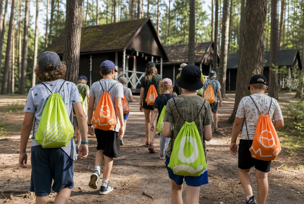 Niños en un campamento deportivo con mochilas de cuerdas estampadas, de espaldas