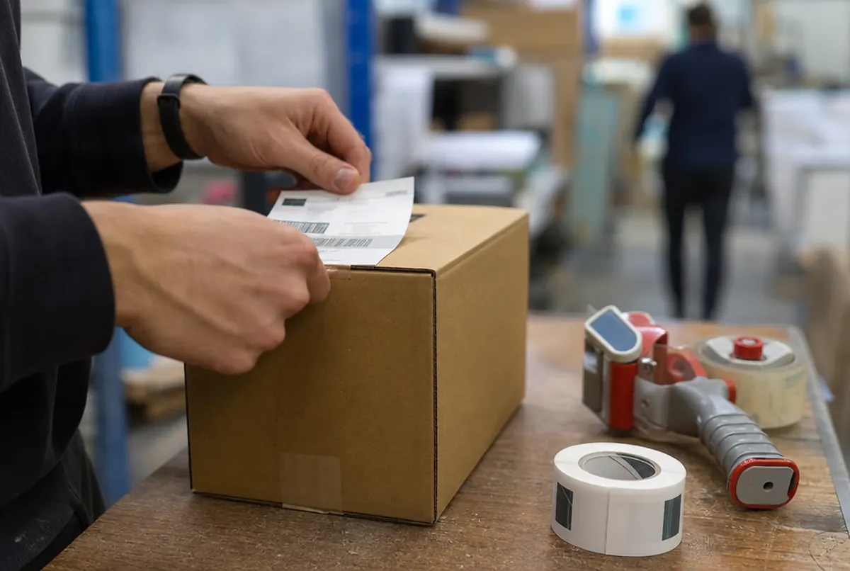 Primer plano de una etiqueta de envío con código de barras pegada en una caja