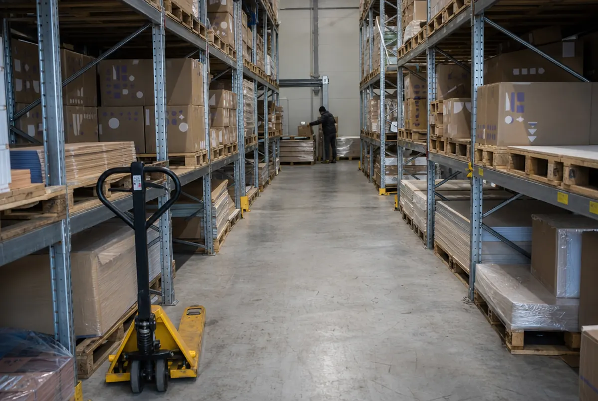 Almacén de gráficas en estanterías de palés para envíos bajo demanda