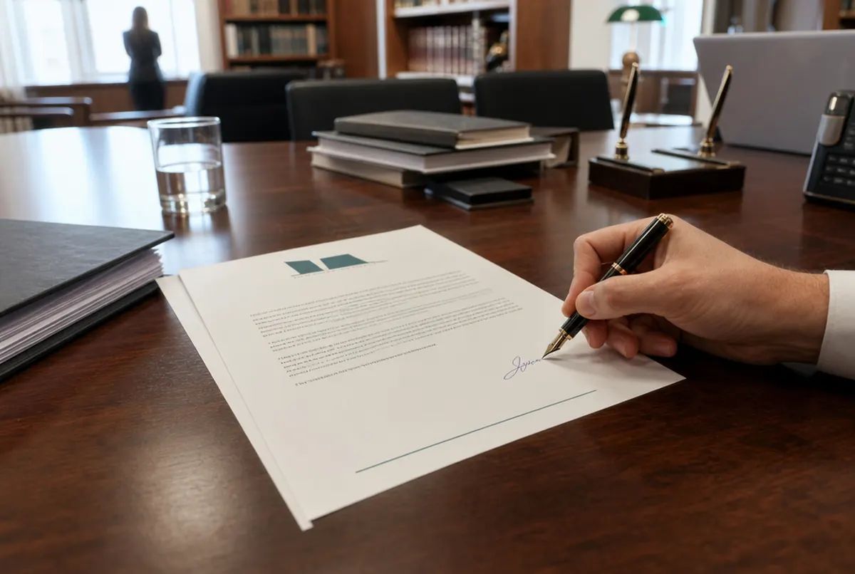Lettre sur papier à en-tête avec pied de page signée sur un bureau