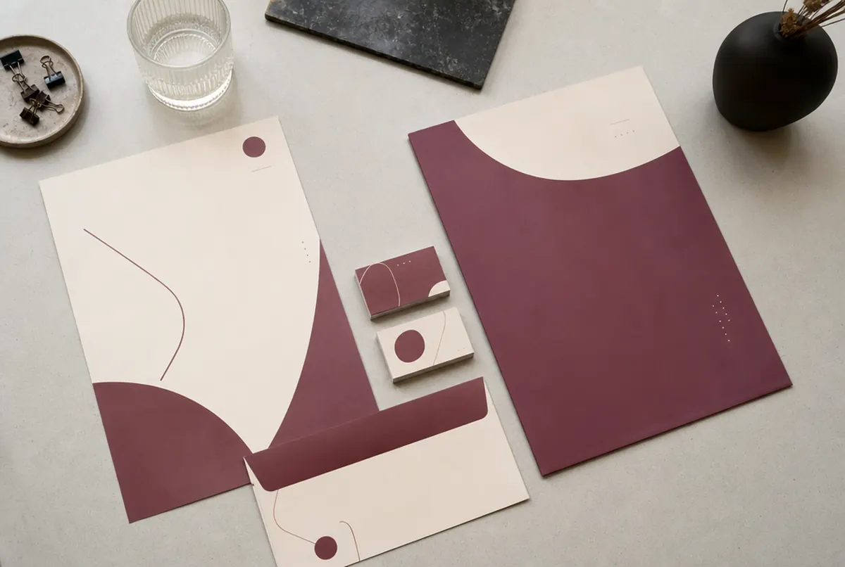 Papeterie complète : en-tête, enveloppe, cartes et pochette au même design