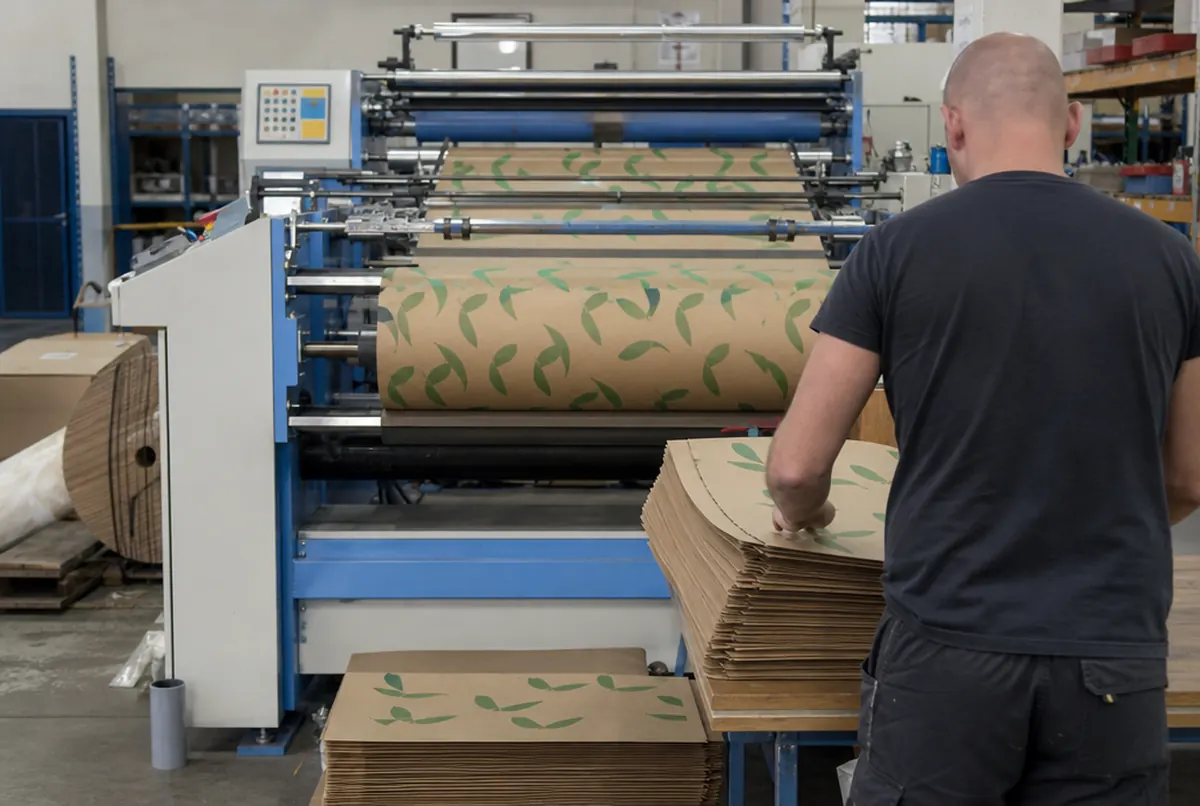 Printed wrapping paper rewound from the roll and cut into sheets in the print shop