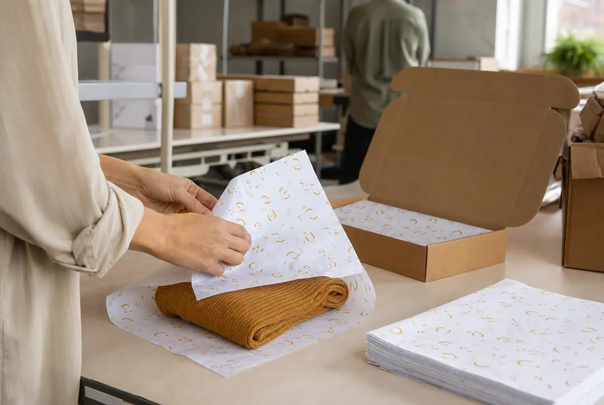Wrapping a product in printed tissue before packing an online order