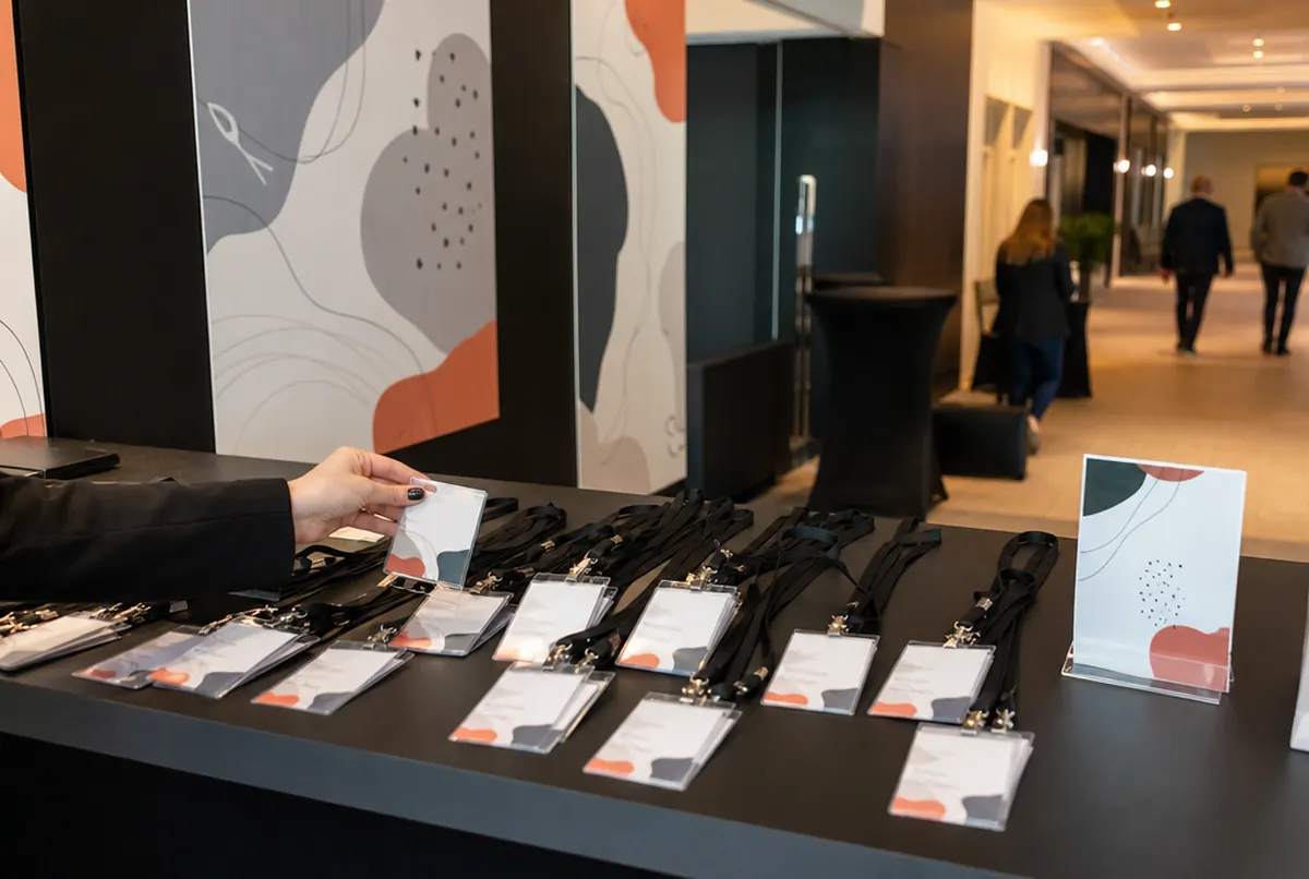 Personalisierte Namensschilder an Bändern, gruppiert am Registrierungstisch einer Konferenz