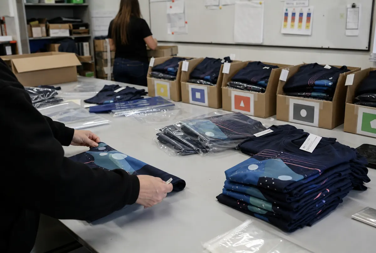 Falten und Eintüten von T-Shirts nach Größen am Konfektionstisch