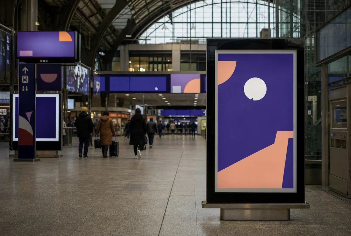 Vitrine citylight lumineuse avec affiche violette et pêche dans une gare