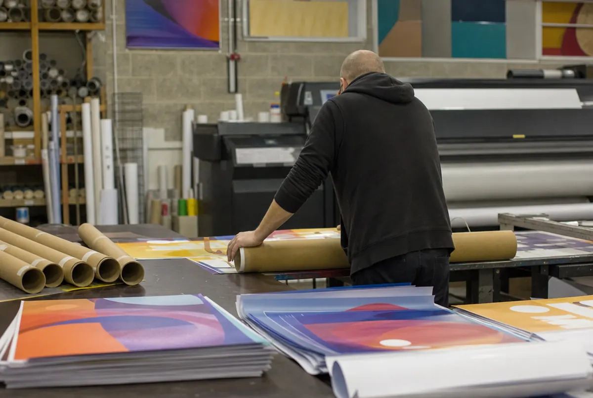 Un ouvrier roule les affiches imprimées et les glisse dans des tubes en carton