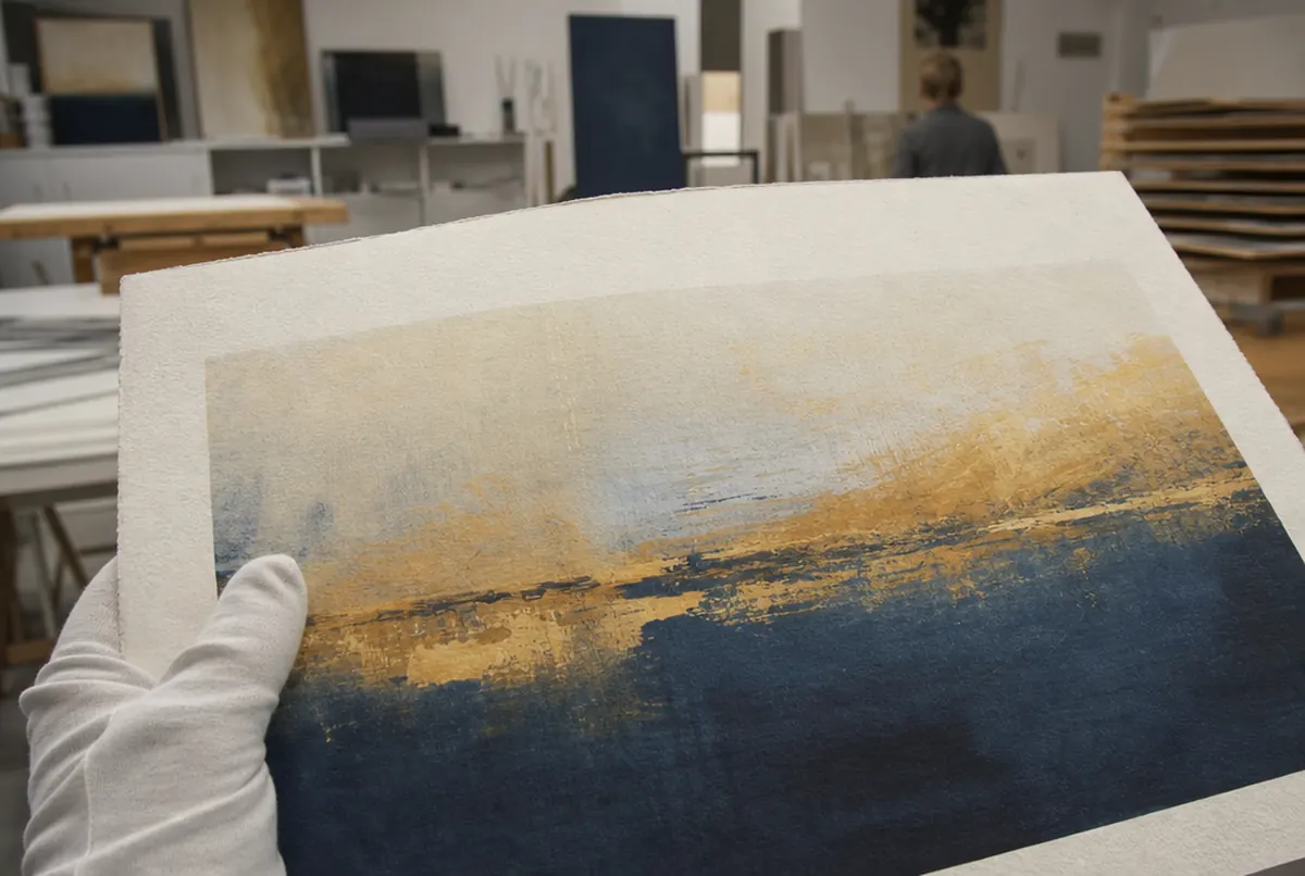 Primer plano de una reproducción fine art en papel texturizado con guante