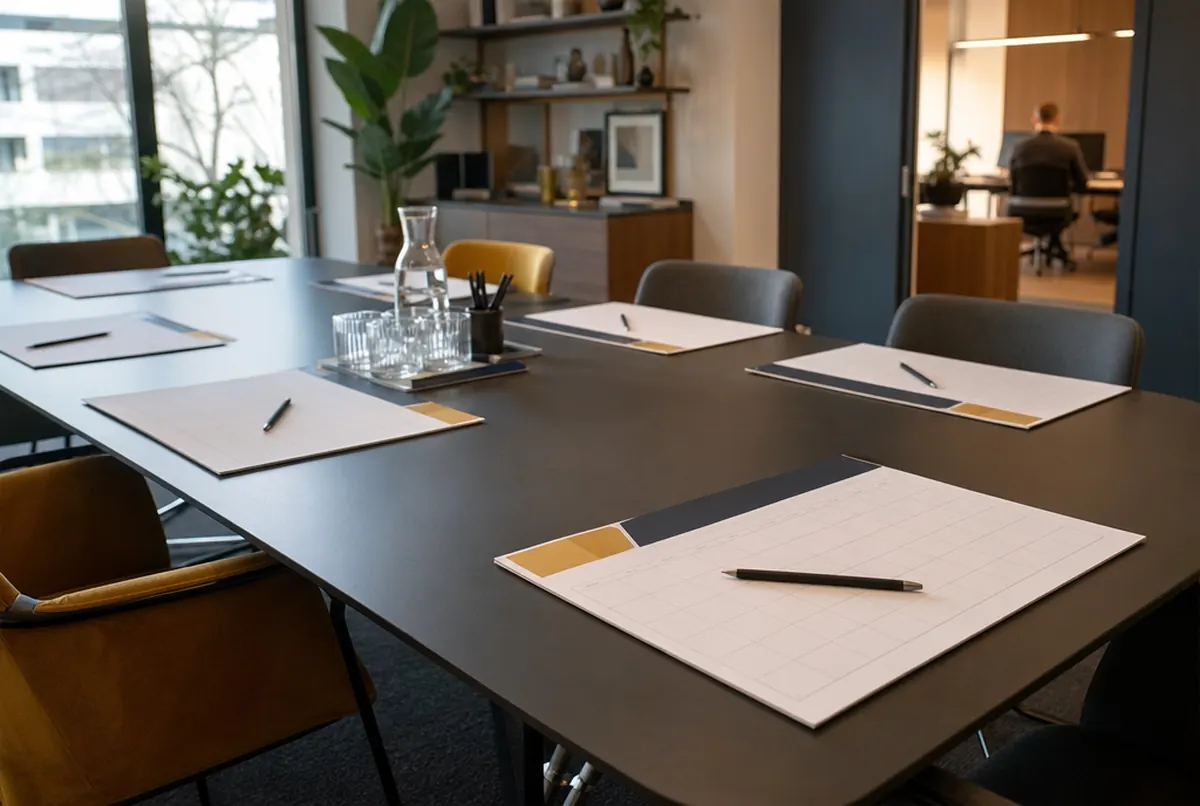 A3 desk pads with a weekly planner at every seat in a meeting room