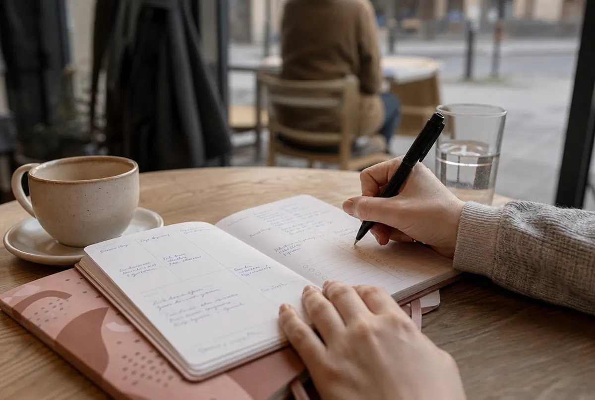 Close-up of a hand writing in an A5 weekly planner with a printed cover