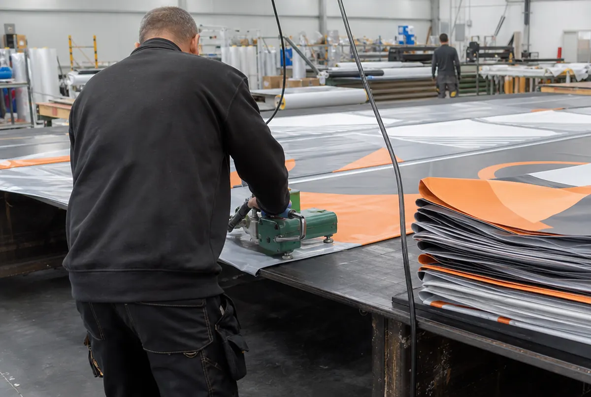 Verschweißen der Kanten von PVC-Absperrhussen in der Produktionshalle