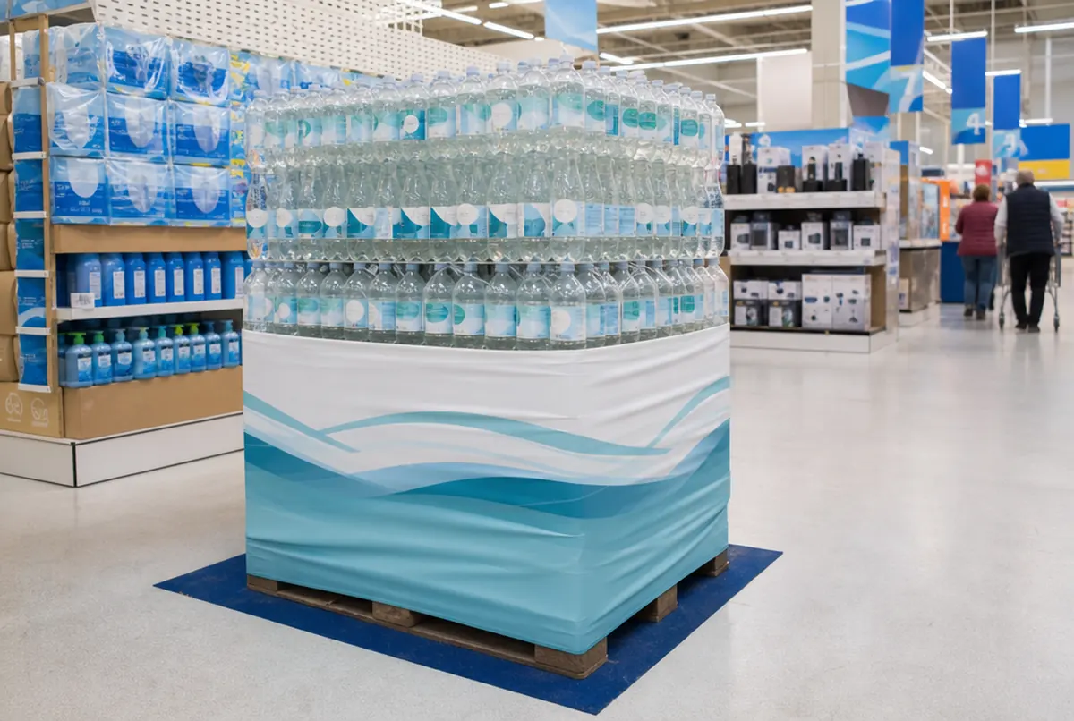 Funda textil impresa en un palé de agua en una zona promocional del hipermercado