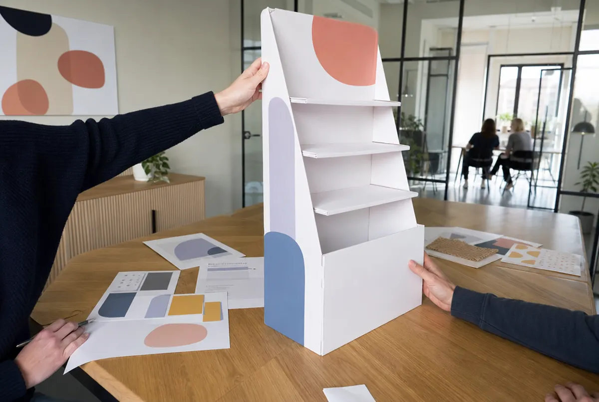 Ein Kunde prüft ein weißes Display-Muster und A3-Druckproben auf verschiedenen Materialien