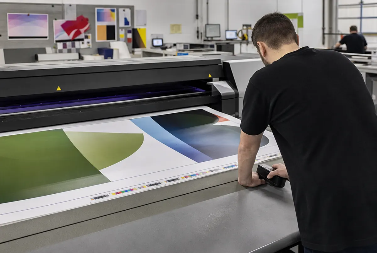 Kontraktproof aus dem Pigmentplotter wird mit dem Spektralfotometer gemessen