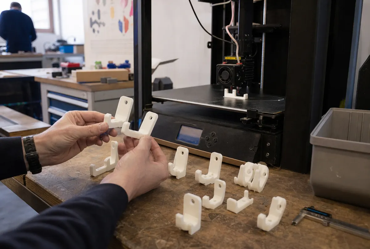 Mehrere 3D-gedruckte Prototypversionen im Vergleich neben dem laufenden Drucker