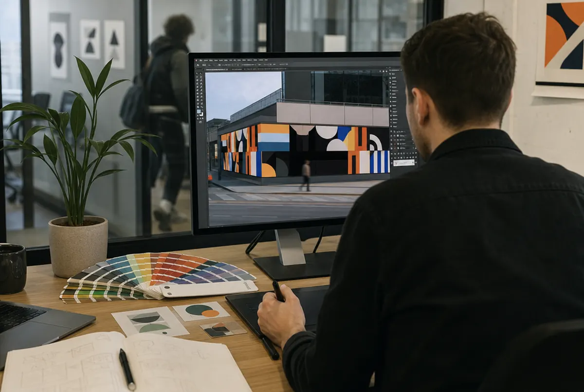 A designer at the monitor working on a sign layout over a building photo in the DTP studio