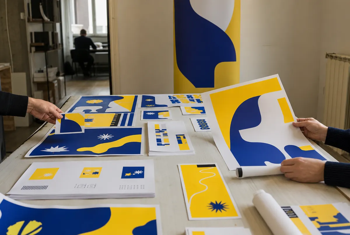 Prints of one campaign adapted to many formats spread on a table