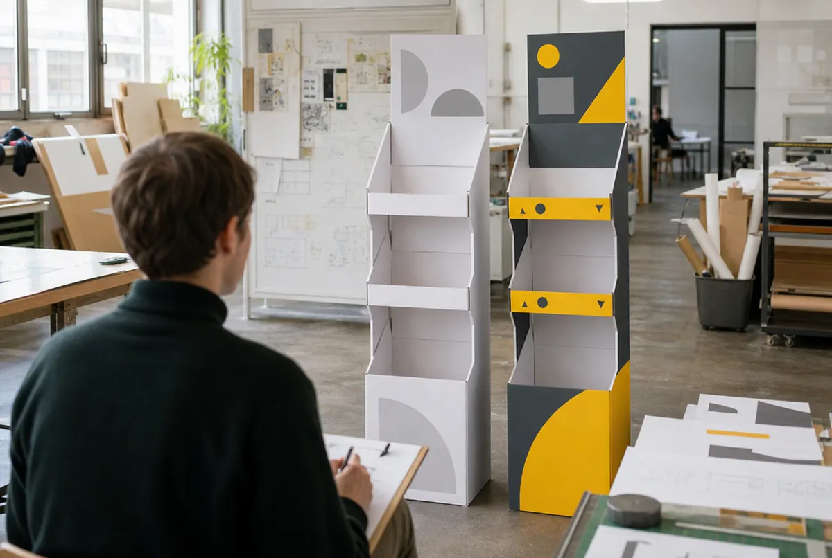 Maquette blanche de présentoir à côté de sa première version imprimée au studio