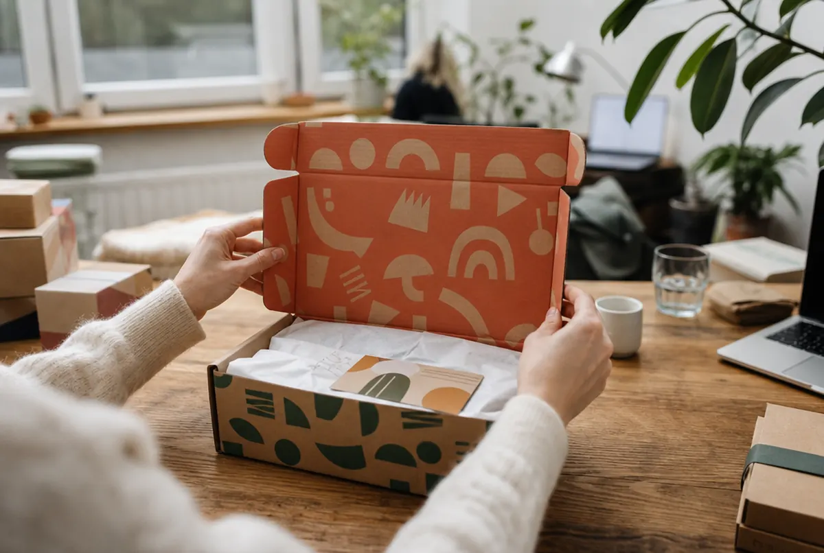 Apertura de una caja de envío kraft impresa por fuera y con interior de color