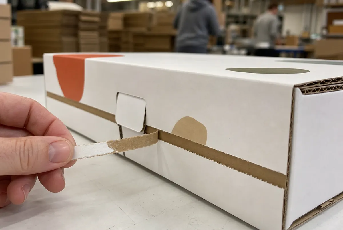 Primer plano de una caja: sección de onda E, solapa y tira de apertura