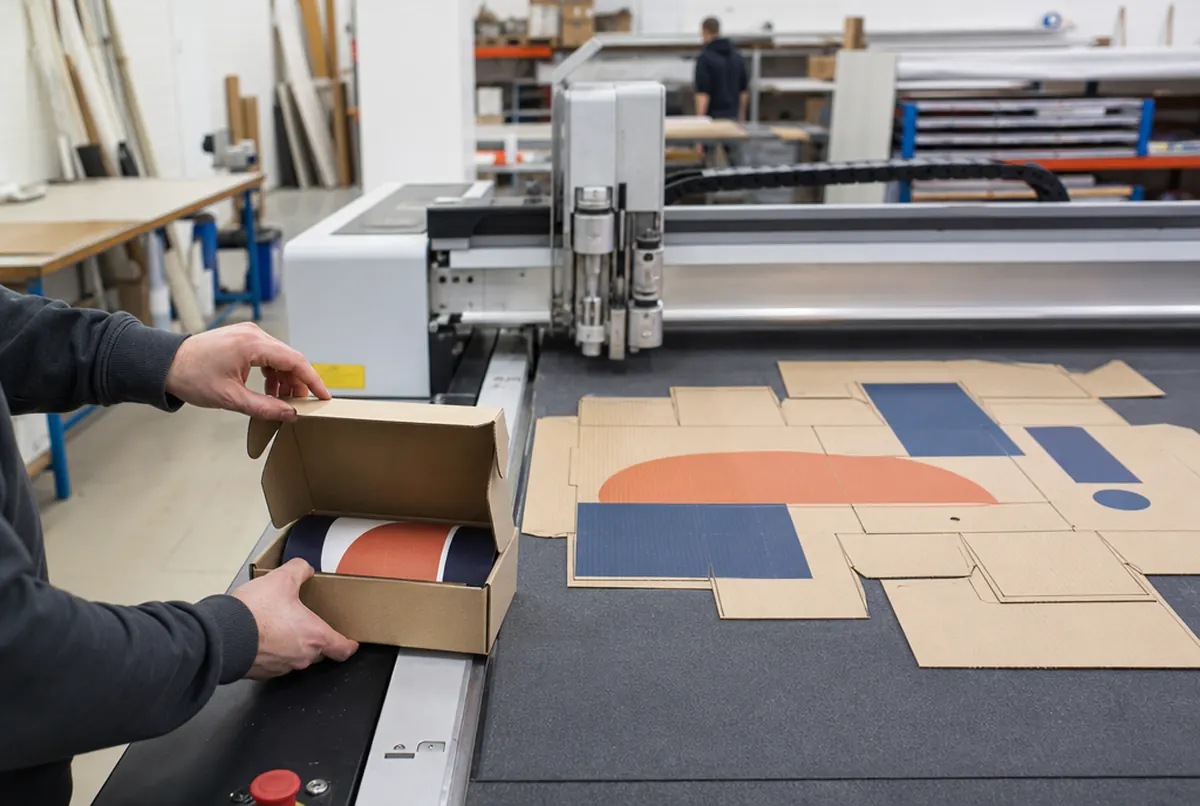 Corte de un prototipo de caja e-commerce y prueba de ajuste con el producto