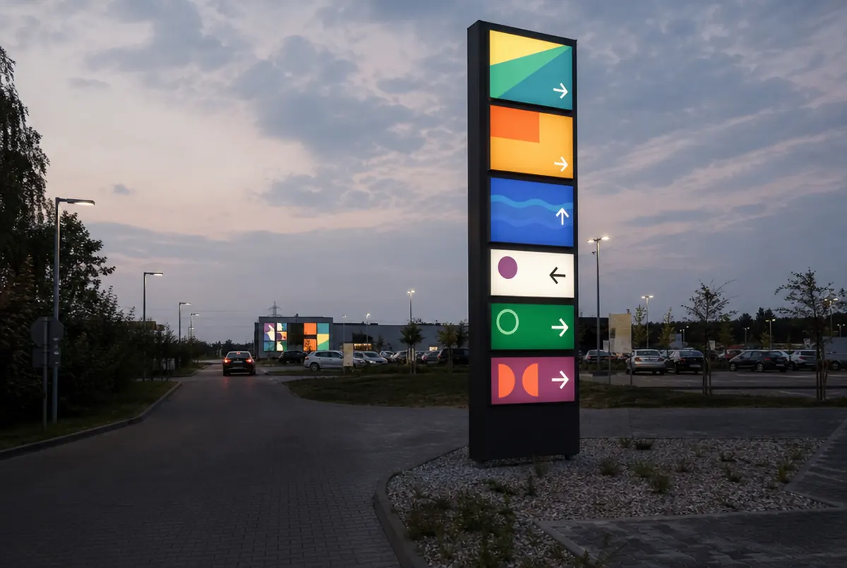 Hoher beleuchteter Pylon mit Mieterfeldern an der Zufahrt eines Fachmarktzentrums