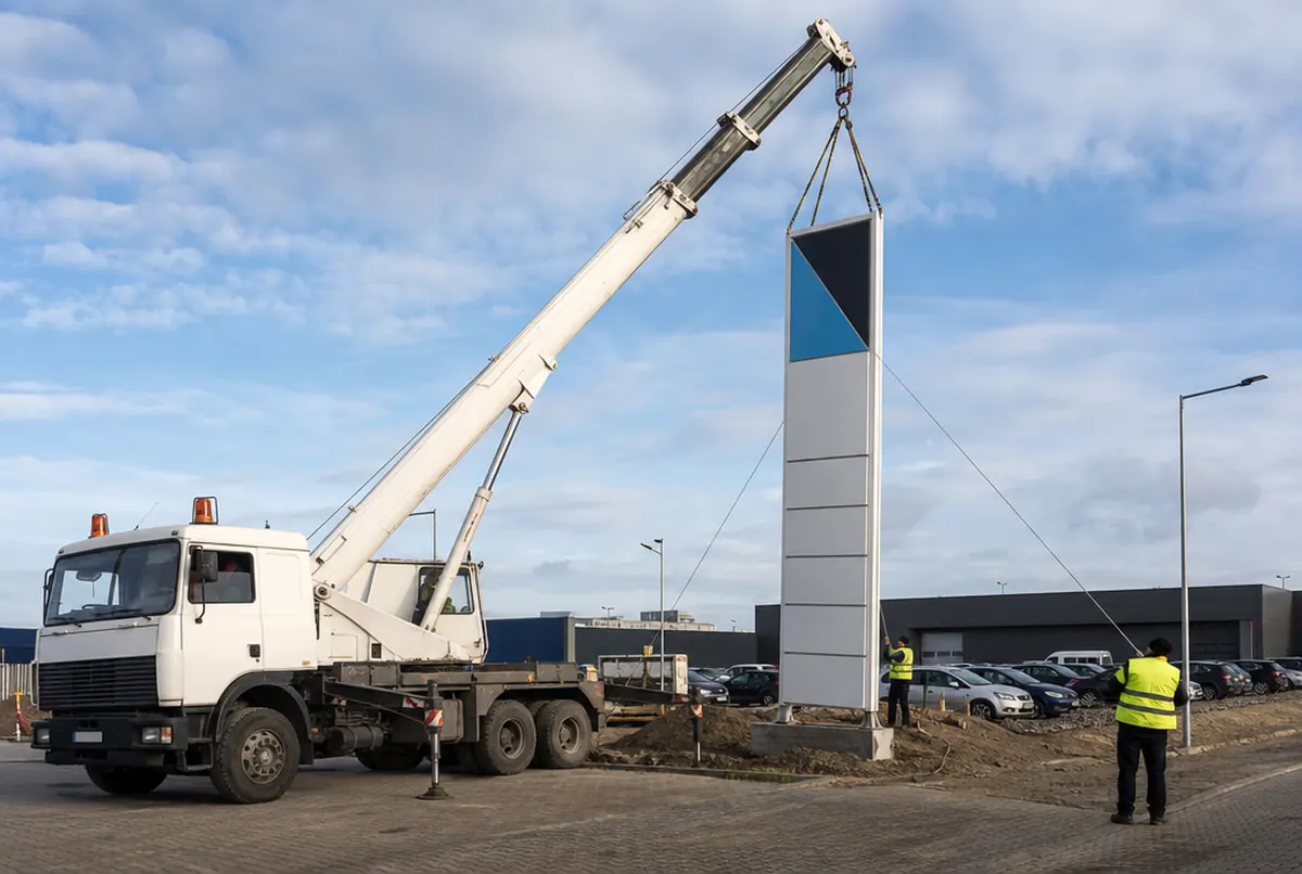 Kranwagen setzt einen hohen Totem auf das Fundament, Monteure führen mit Seilen