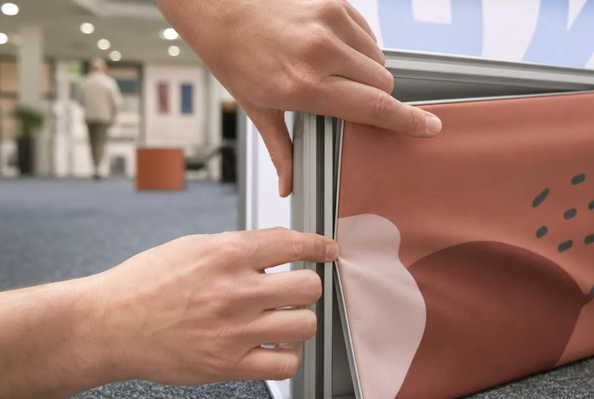 Finger drücken den Stoff mit Silikonkeder in die Nut des SEG-Profils