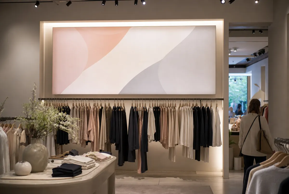 Large backlit textile frame with a pink and grey graphic on a boutique wall