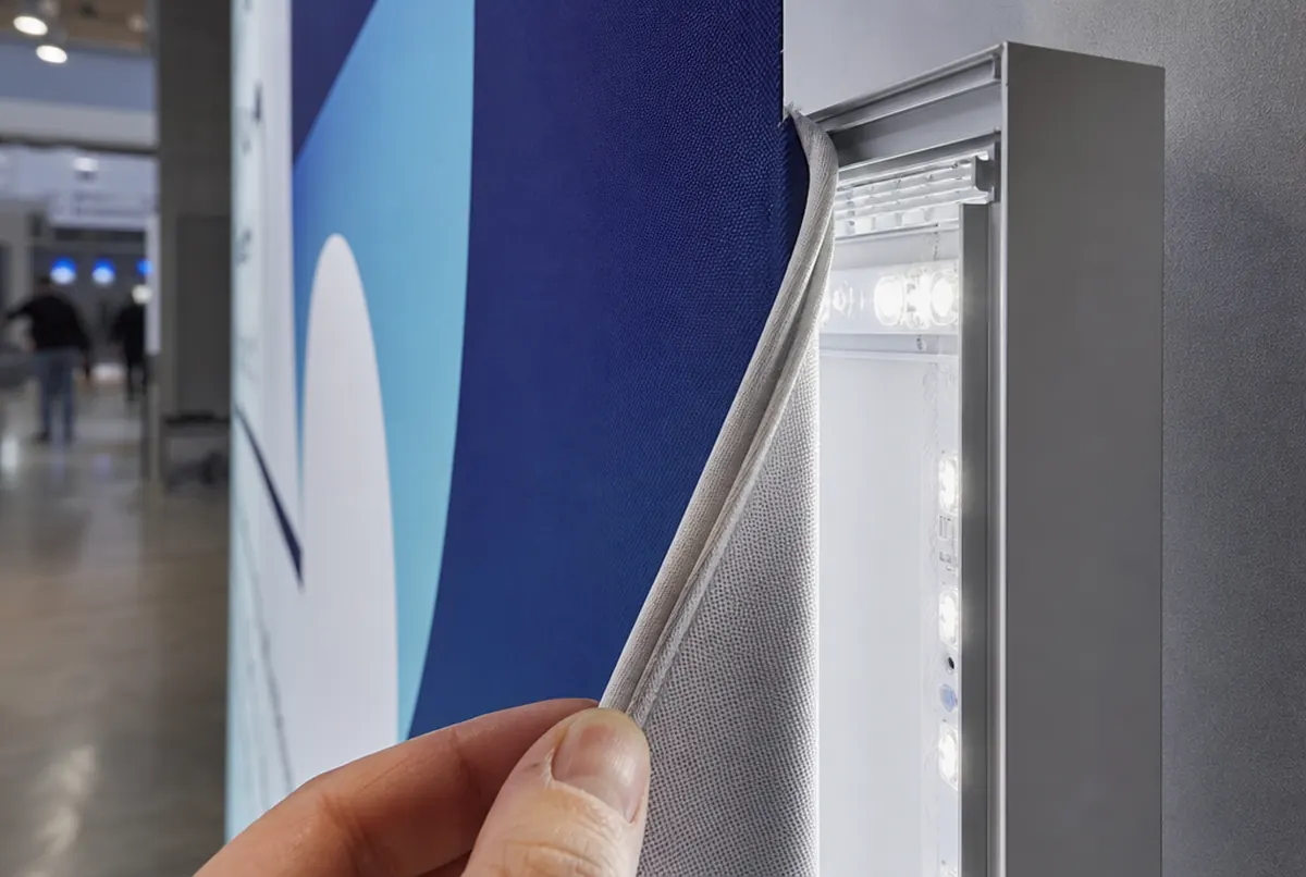 Edge of a backlit frame: SEG profile, silicone strip on the fabric and LED bars inside
