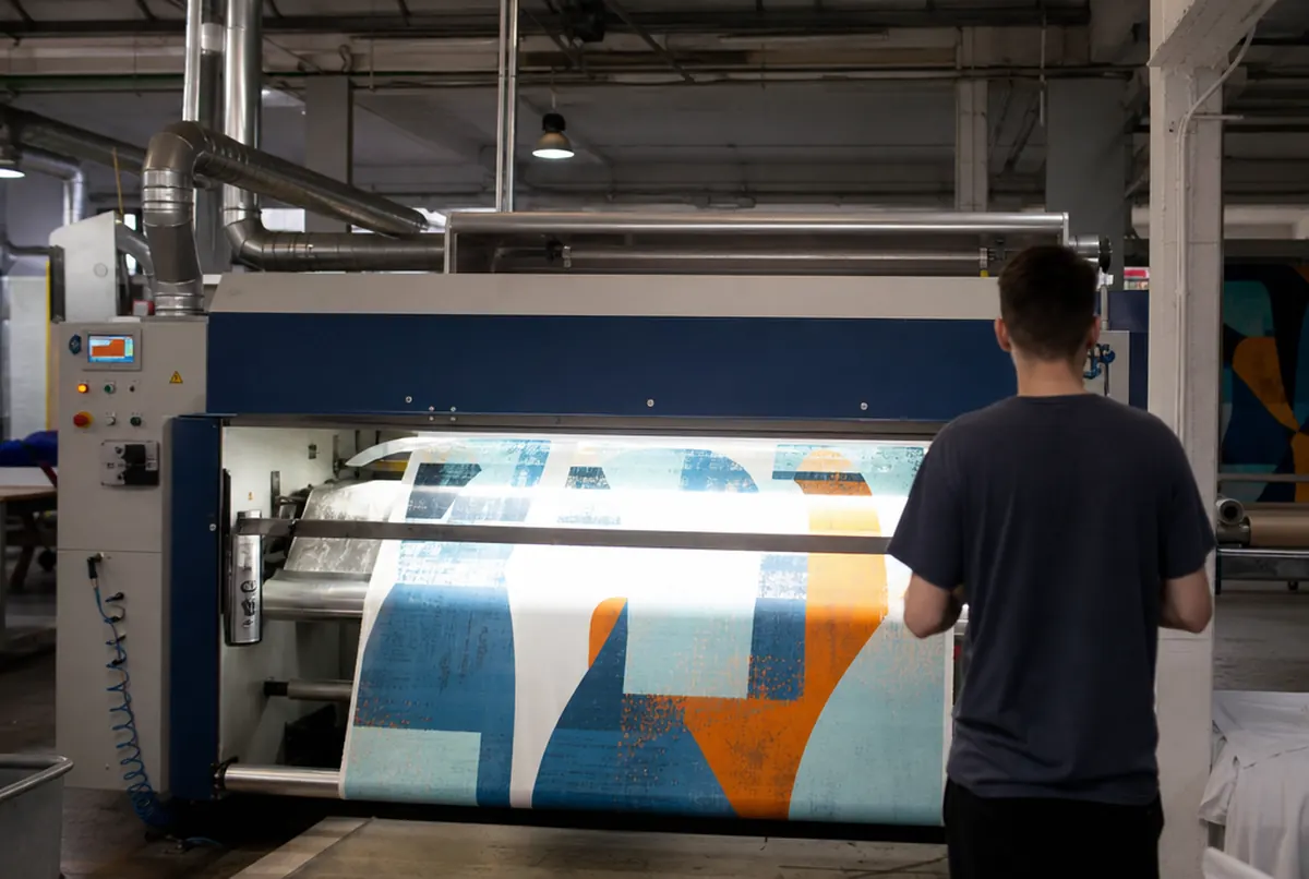 Sublimation calender transferring a graphic onto backlit fabric in the textile workshop