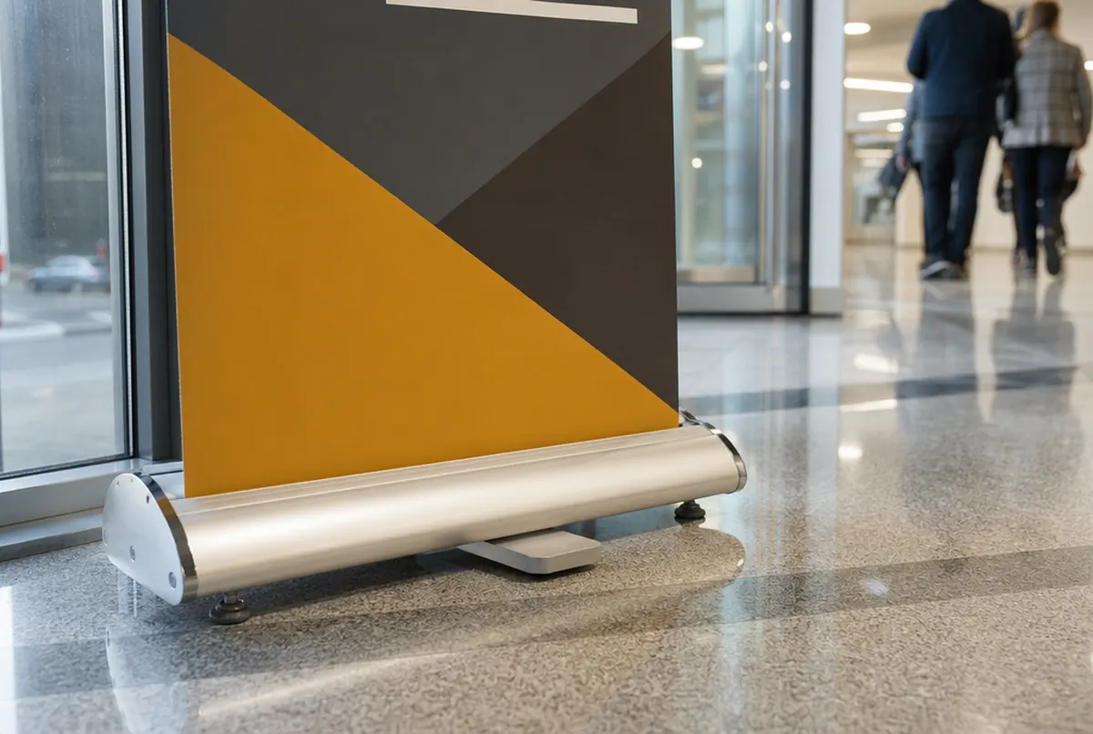 Primer plano de la base de aluminio de un roll-up con la impresión opaca saliendo