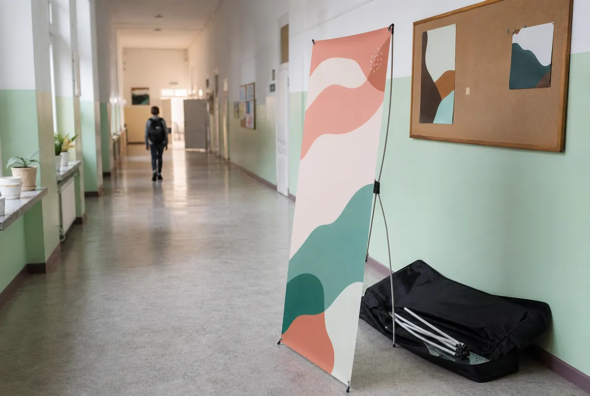 X-banner con varillas tensadas en el pasillo de una escuela junto a su funda