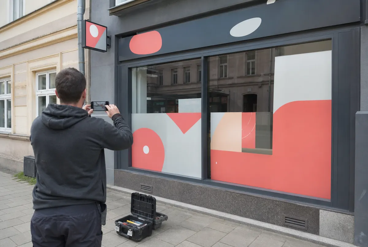 Un instalador fotografía el escaparate terminado para el informe del despliegue