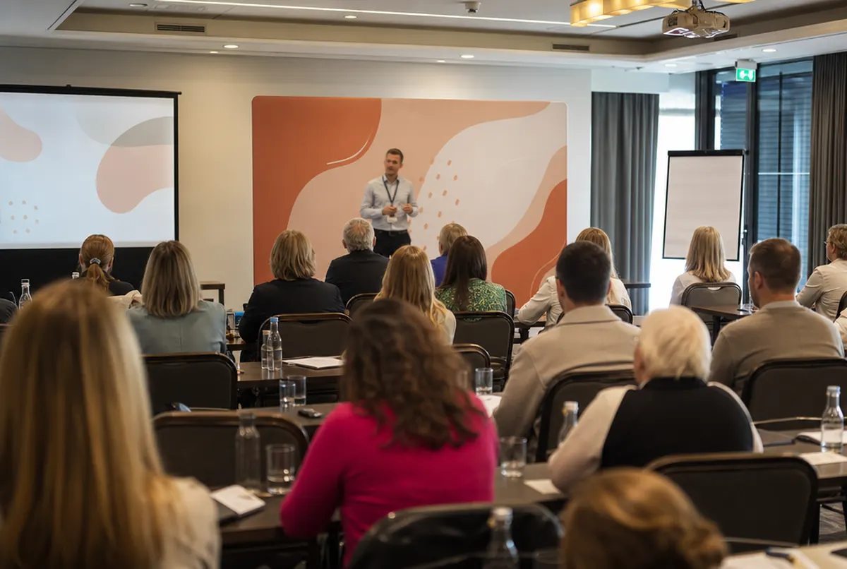 Gerade Hop-up-Stoffwand als Hintergrund einer Schulung im Hotel