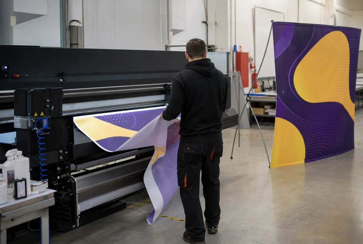 Druck des Bogenwandstoffs auf dem UV-Drucker und Anprobe am Gestell