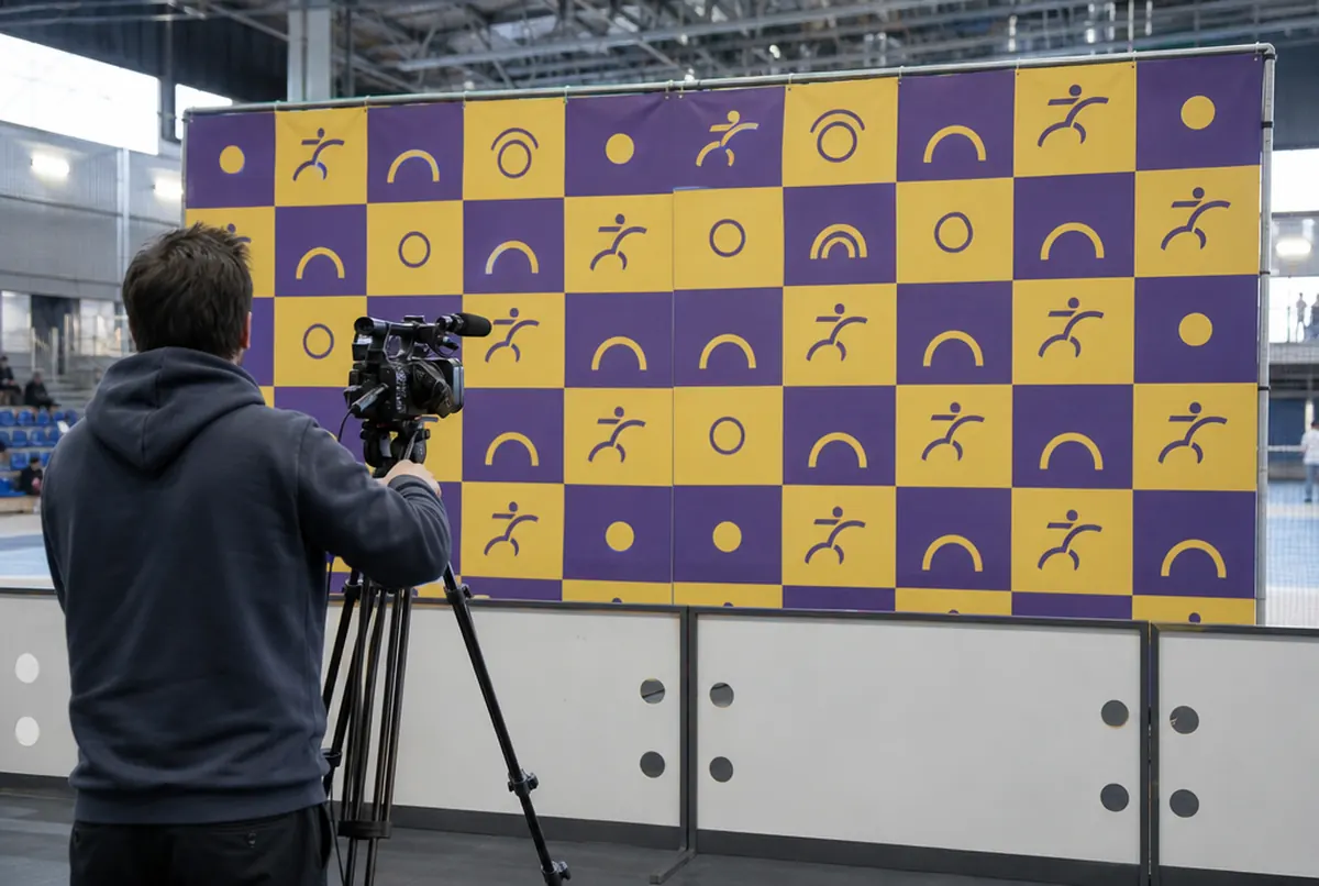 Pressewand mit wiederholtem Logoraster in der Interviewzone einer Sporthalle