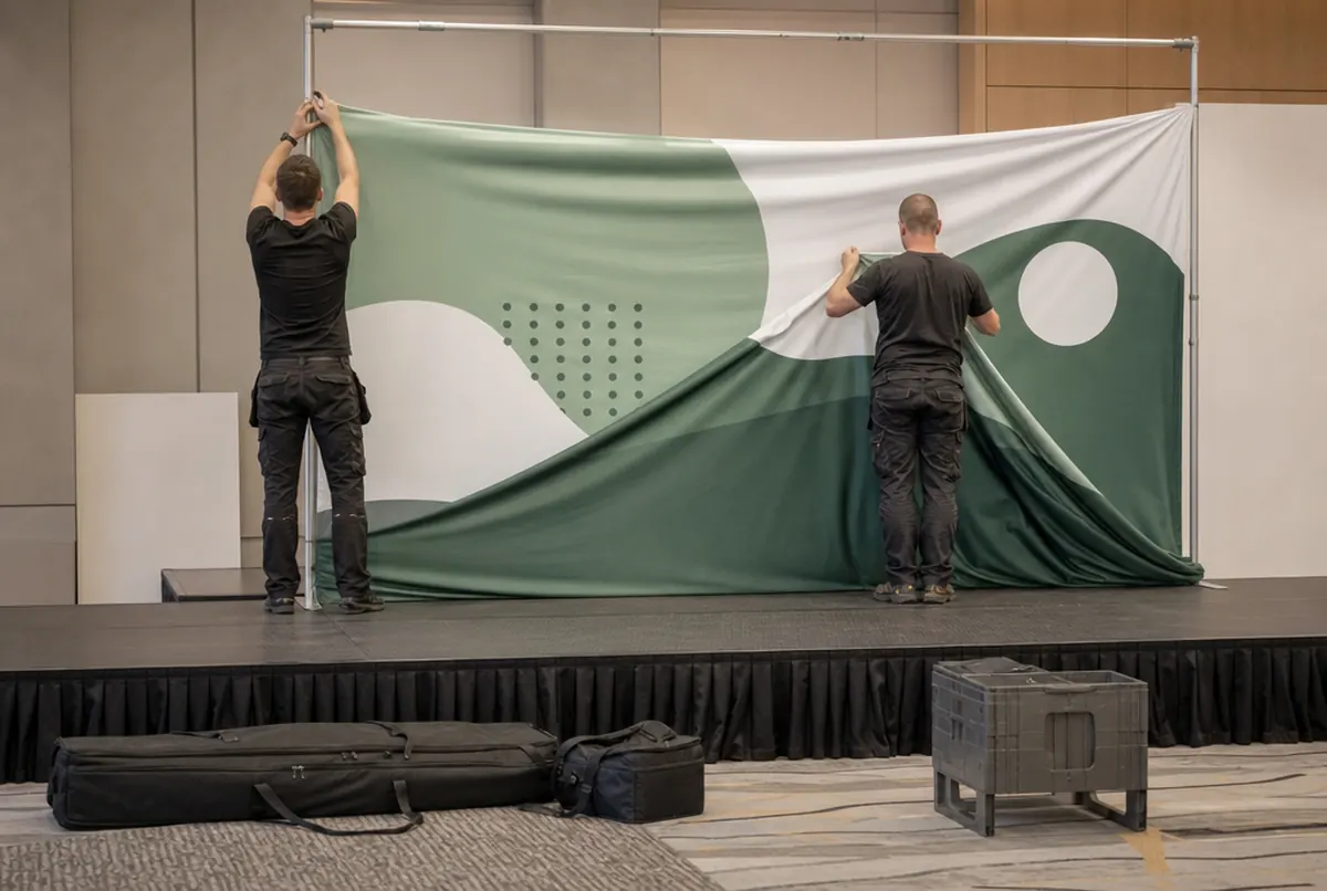 Monteure bauen eine Stoffwand auf einem Alurahmen auf einer Konferenzbühne auf