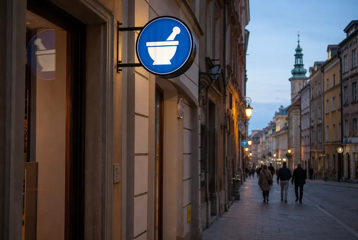 Runder doppelseitiger Nasenleuchtkasten an einem Stahlausleger in der Altstadt