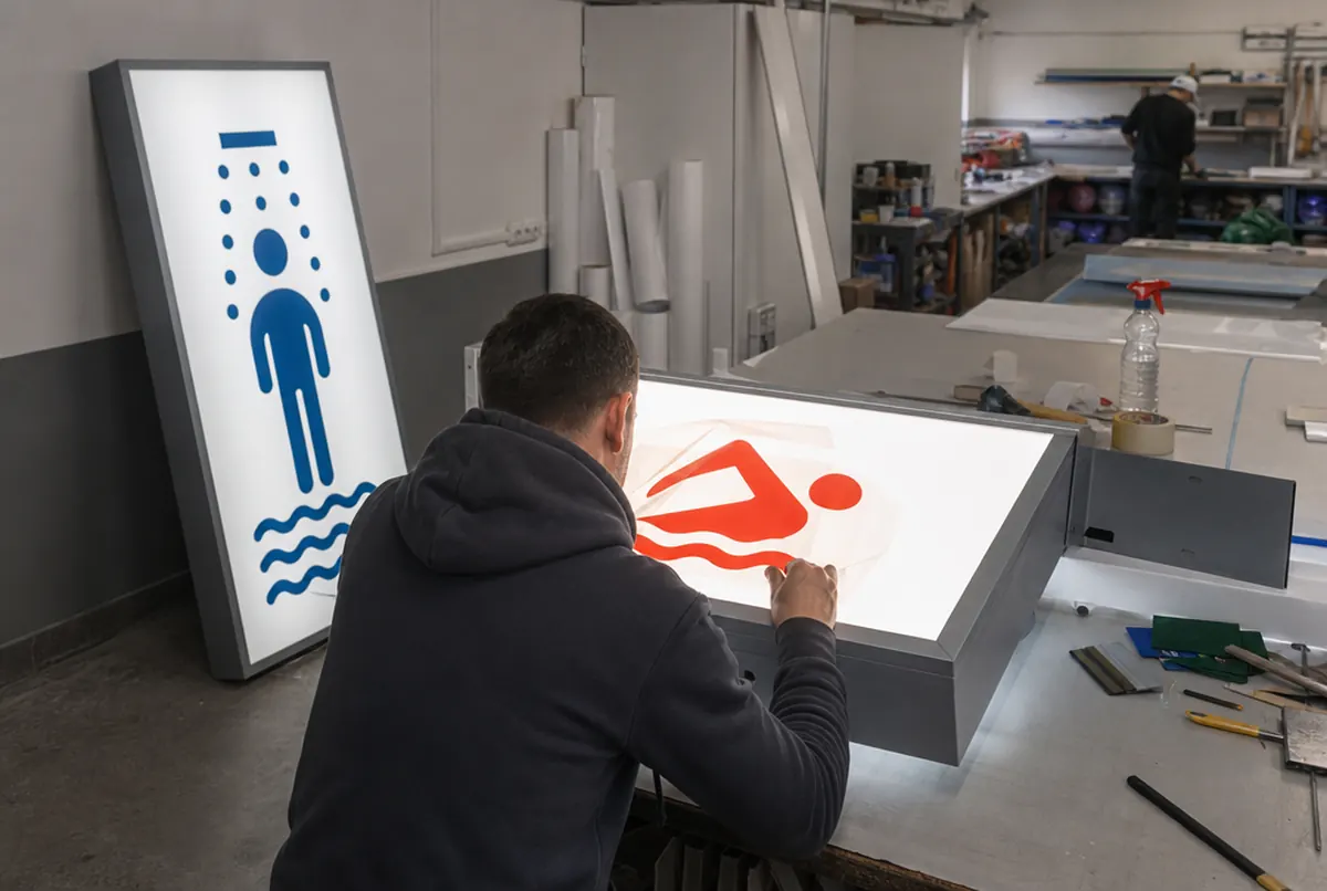Mitarbeiter beklebt die Acrylfront eines Nasenschilds mit transluzenter Folie