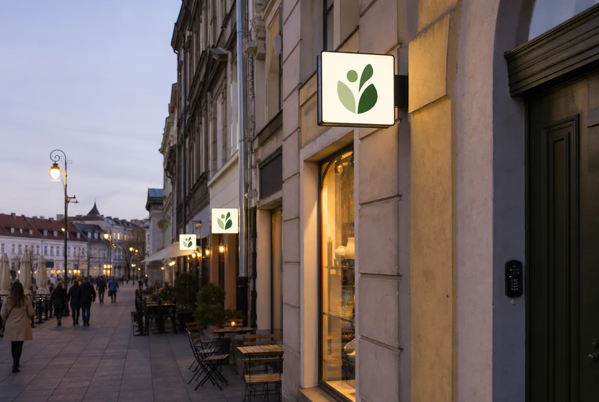 Mehrere gleiche Nasenleuchtkästen leuchten abends entlang einer Flaniermeile