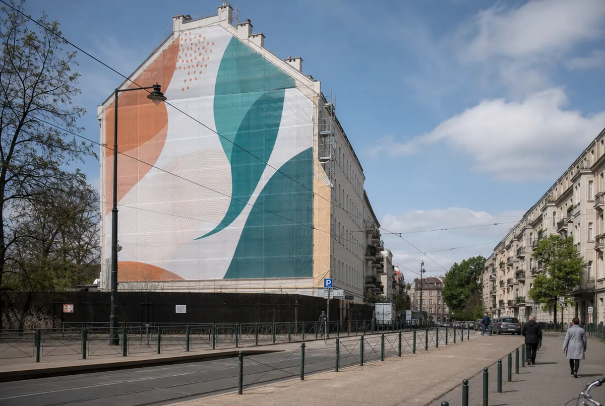 Large-format mesh advertisement in teal and orange covering the gable wall of a building