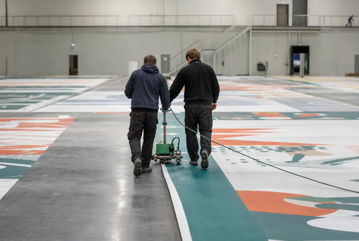 Welding printed mesh panels together on the print hall floor before facade installation