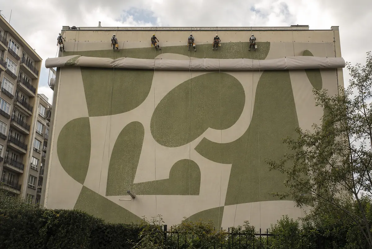 Rope access workers hanging a mesh banner on a tall building wall, seen from the ground