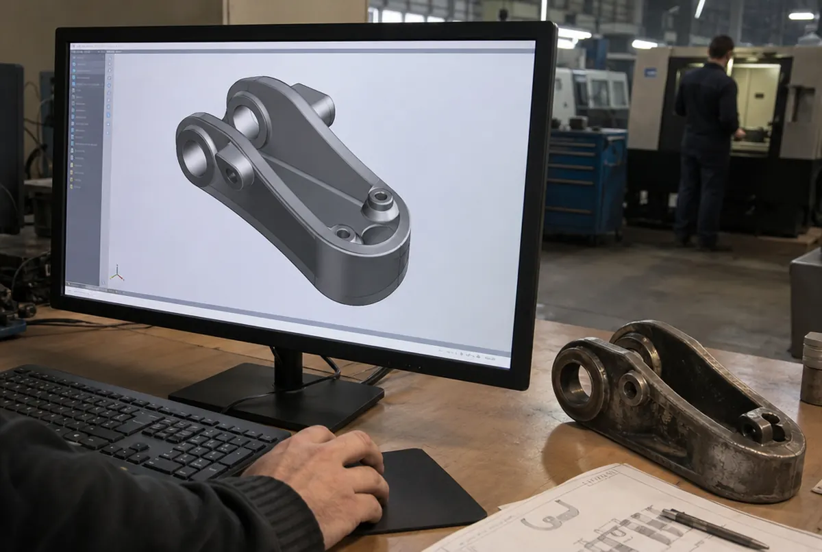 Modèle 3D d'une pièce à l'écran à côté de la pièce métallique usée