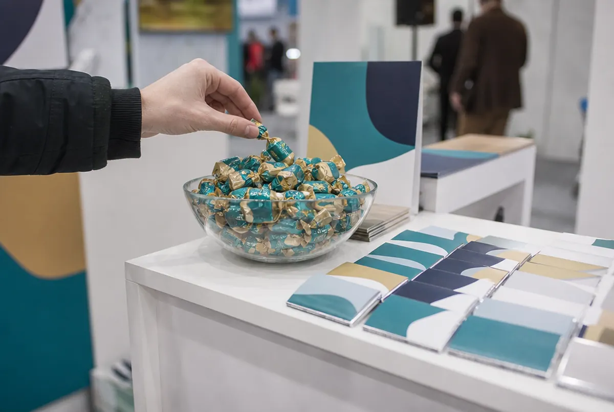 Bedruckte Karamellbonbons und Mini-Schokoladen auf der Theke eines Messestands