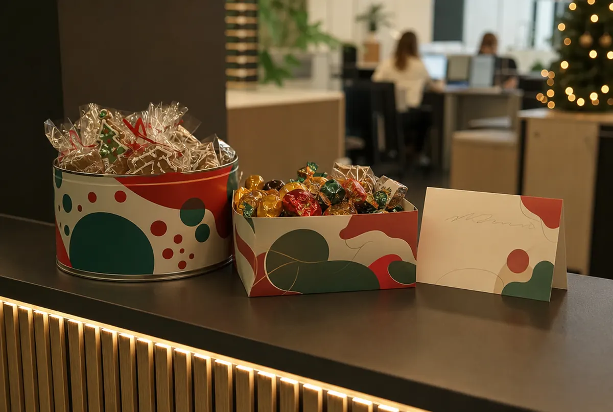 Weihnachtliches Süßwaren-Set in bedruckter Dose und Schachtel am Büroempfang