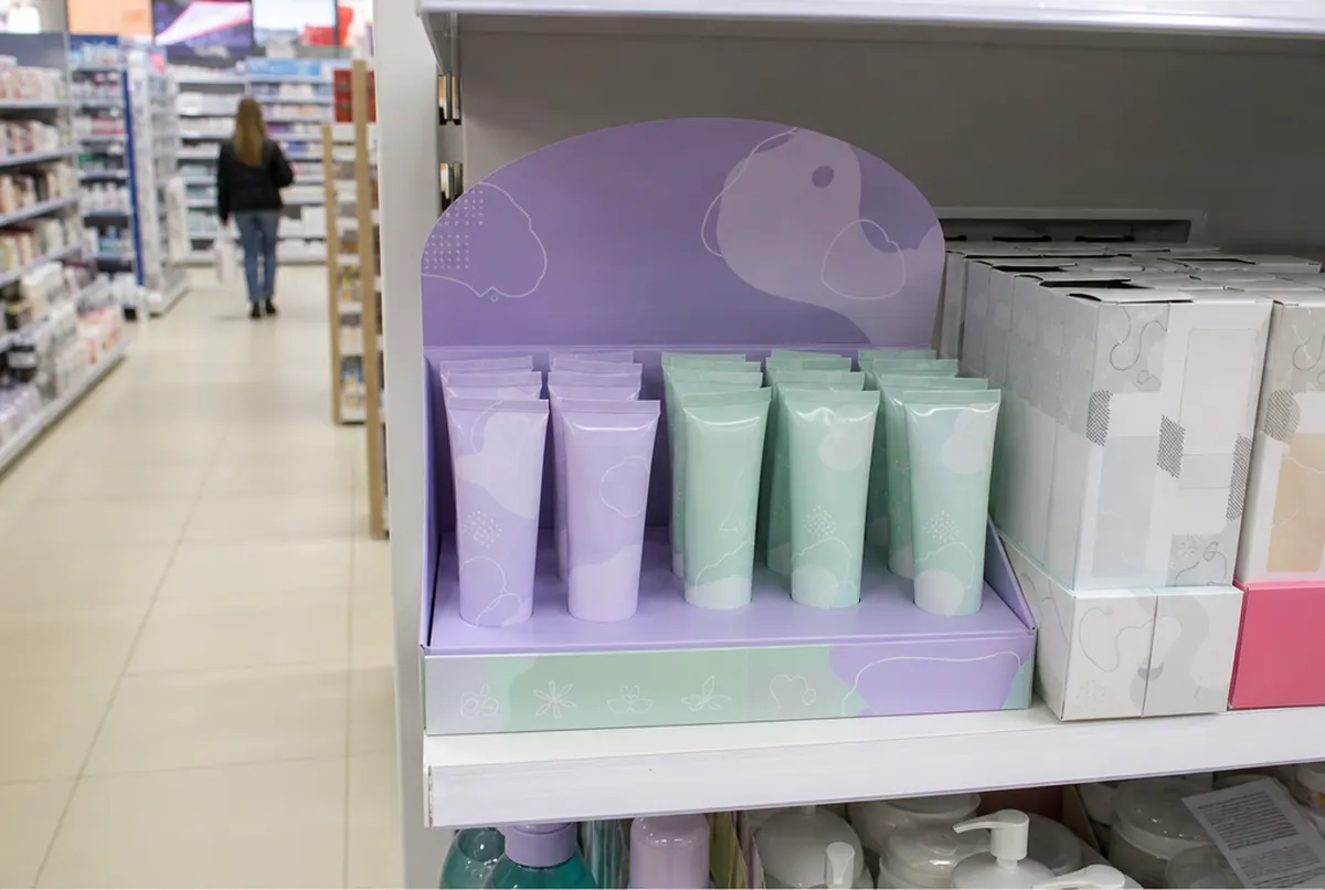 Thekendisplay aus Karton in Flieder und Mint mit Kosmetiktuben im Drogerieregal